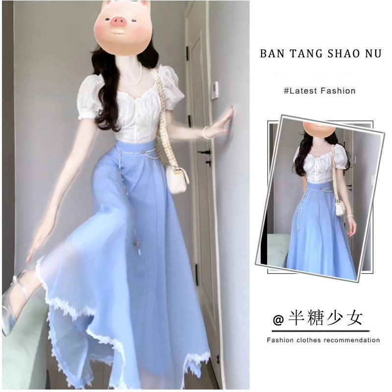 Setel musim panas wanita baru temperamen Korea kemeja tipis pinggang kemeja tipis pinggang tinggi ro