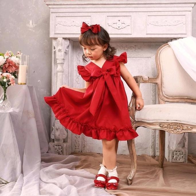 Tersedia MOONJOY SERAPHINA DRESS -  dress baju anak perempuan bow ruffle pita pesta casual merah bir