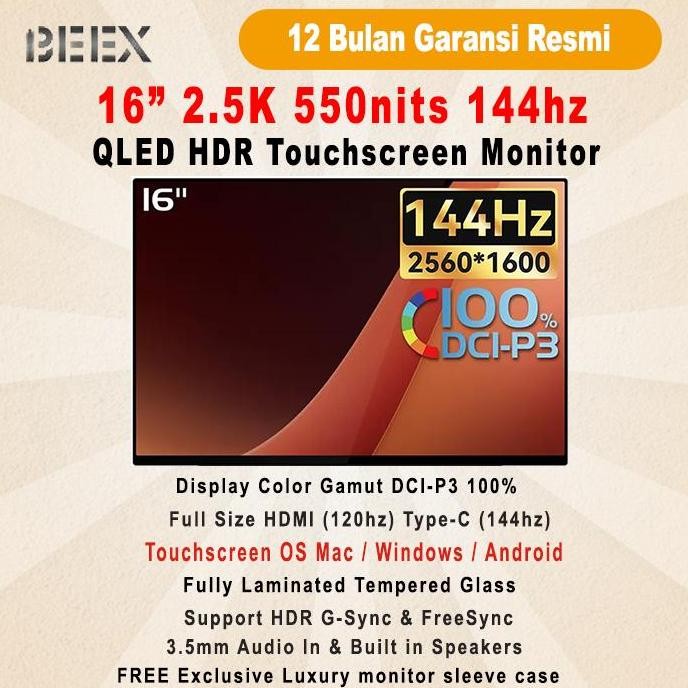 Premium Portable Monitor BeeX Touchscreen QLED 16" 2.5K 144Hz Ultra-Thin Portable Monitor Type C HDM