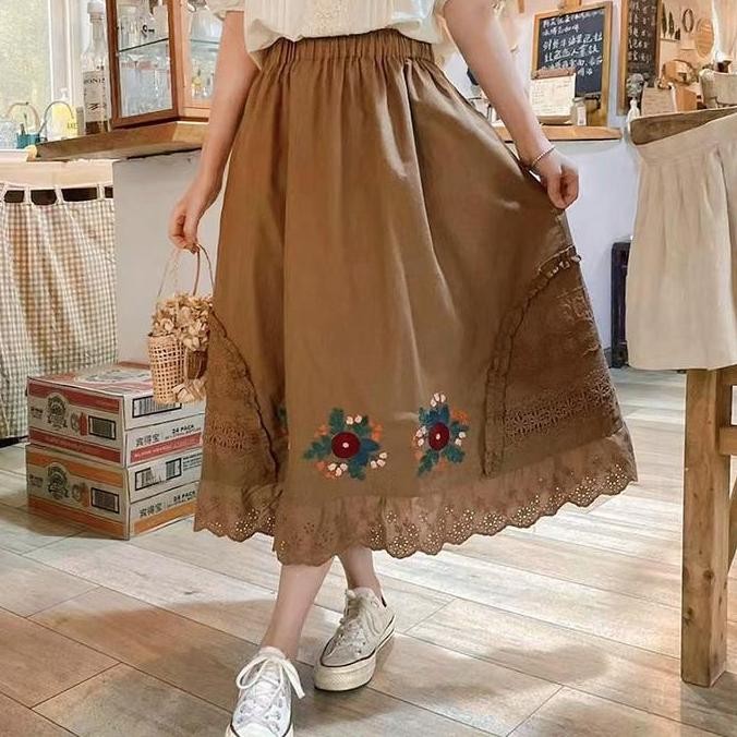 Rok Linen Coklat Bordir Bunga & Lace Korea Import New