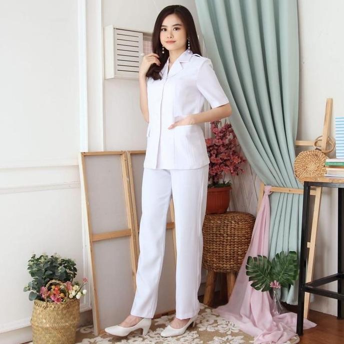 Tersedia Seragam Blazer Wanita Dokter,Asn Putih Wanita 7006 Set Celana