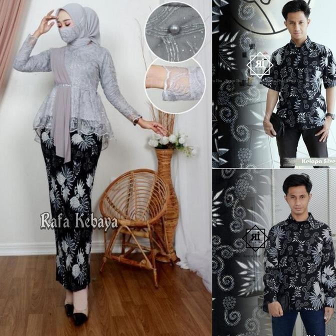 Tersedia Set Couple Kebaya Aurora Selendang Silver/ Kebaya Wisuda Modern/ Batik Sarimbit/ Setelan/ B