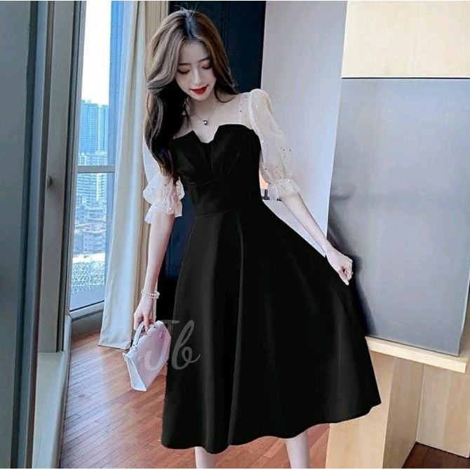 Tersedia Dress Korean Style Wanita Lengan 3/4 Model Balon Gelembung Gliter Baju Pesta Cewek Korea Ga