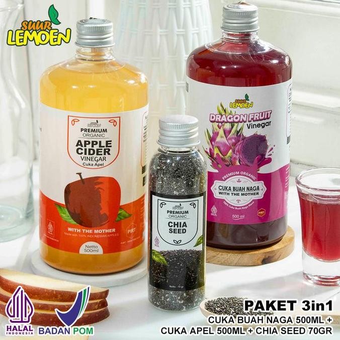 

SUUR LEMOEN Paket in1 - Cuka Apel 500ml, Cuka Nanas 500ml, dan Chia Seed 70gr - BPOM dan Halal LA