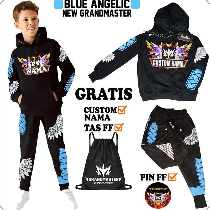 Tersedia Setelan Celana Free Fire Anak dan Jaket Sweater FF Grandmaster Kaos Angel Gaming Biru Fashi