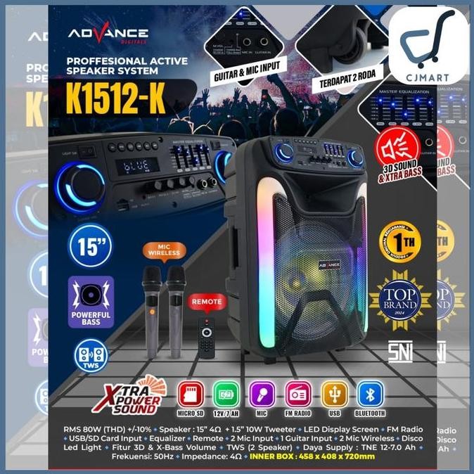 Sale Speaker Advance K1512K / K1512-K / K1512 K Bluetooth Karaoke 15 Inch Free 2 Mic Wireless