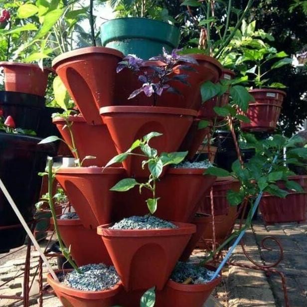 fresh Pot Tanaman gantung Susun 5 + Tatakan Bawah bunga tingkat vertikal s5 murah