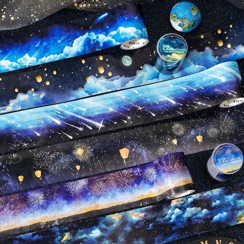 

(1FG) washi tape selotip solid full pemandangan alam langit meteor bintang jatuh shooting star night sky malam AST
