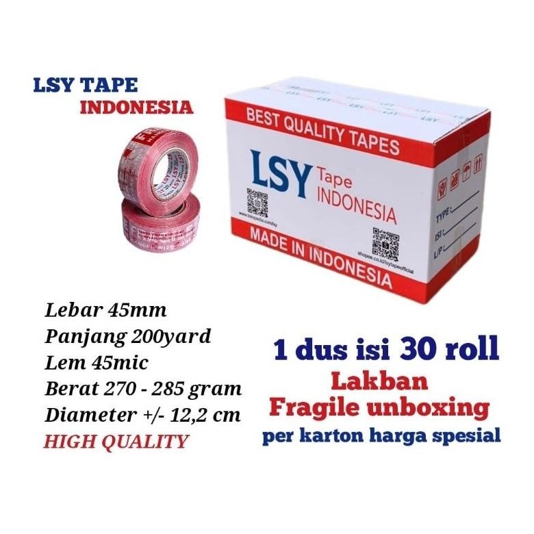 

lakban fragile unboxing mix LSY TAPE 45mm x 200yard 1 dus isi 30 roll ( CMH ) AST