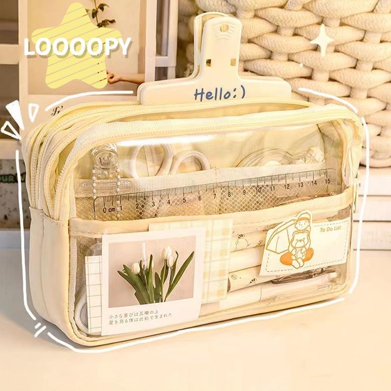

LOOOOPY Kotak Pensil Transparan Aesthetic Pencil Case Large Tempat Pensil Pen Pouch Lucu Stationery Organizer AST