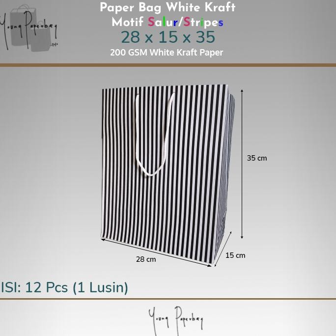 

Sd-5 Paper Bag / Tas Kertas /Shopping Bag White Kraft Motif Salur/Stripe 28X15X35 (1 Lusin)