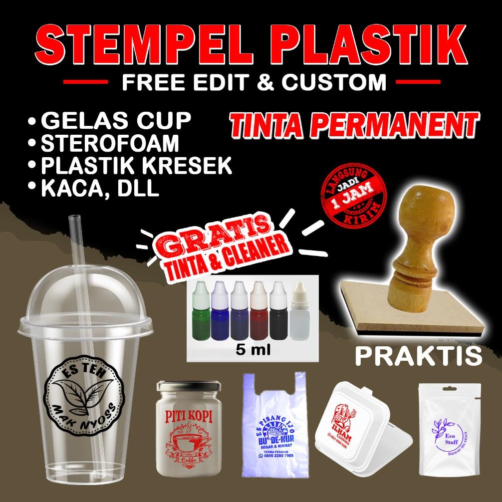 

STEMPEL PLASTIK / STEMPEL GELAS CUP / STEMPEL STEROFOAM / DESIGN CUSTOME FREE TINTA & CLEANER AST