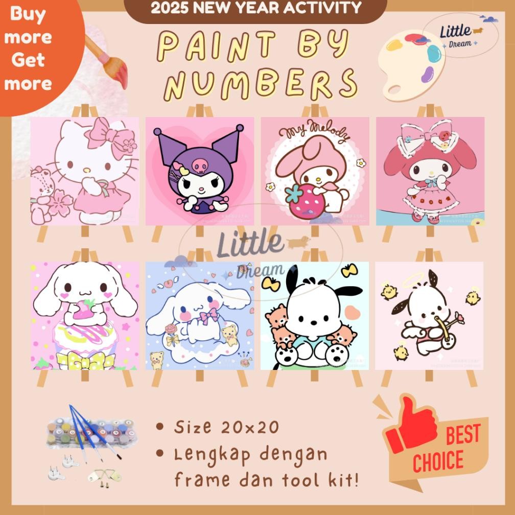 

PAINT BY NUMBER 20x20 CM Canvas Painting Sanrio Karakter Kit Canvas Frame Lukis Mudah Aktivitas Anak AST