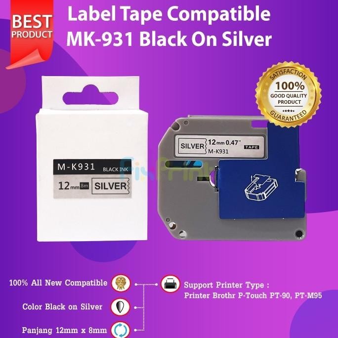 

Compatible Label Tape 12Mm M-K931 Mk-931 Black On Silver Pt-M95 Pt-90 New Stok