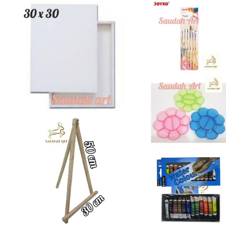 

Paket Lukis Lengkap (kanvas 30x30,kuas,palet,cat air @6ml,easel 30x50) AST