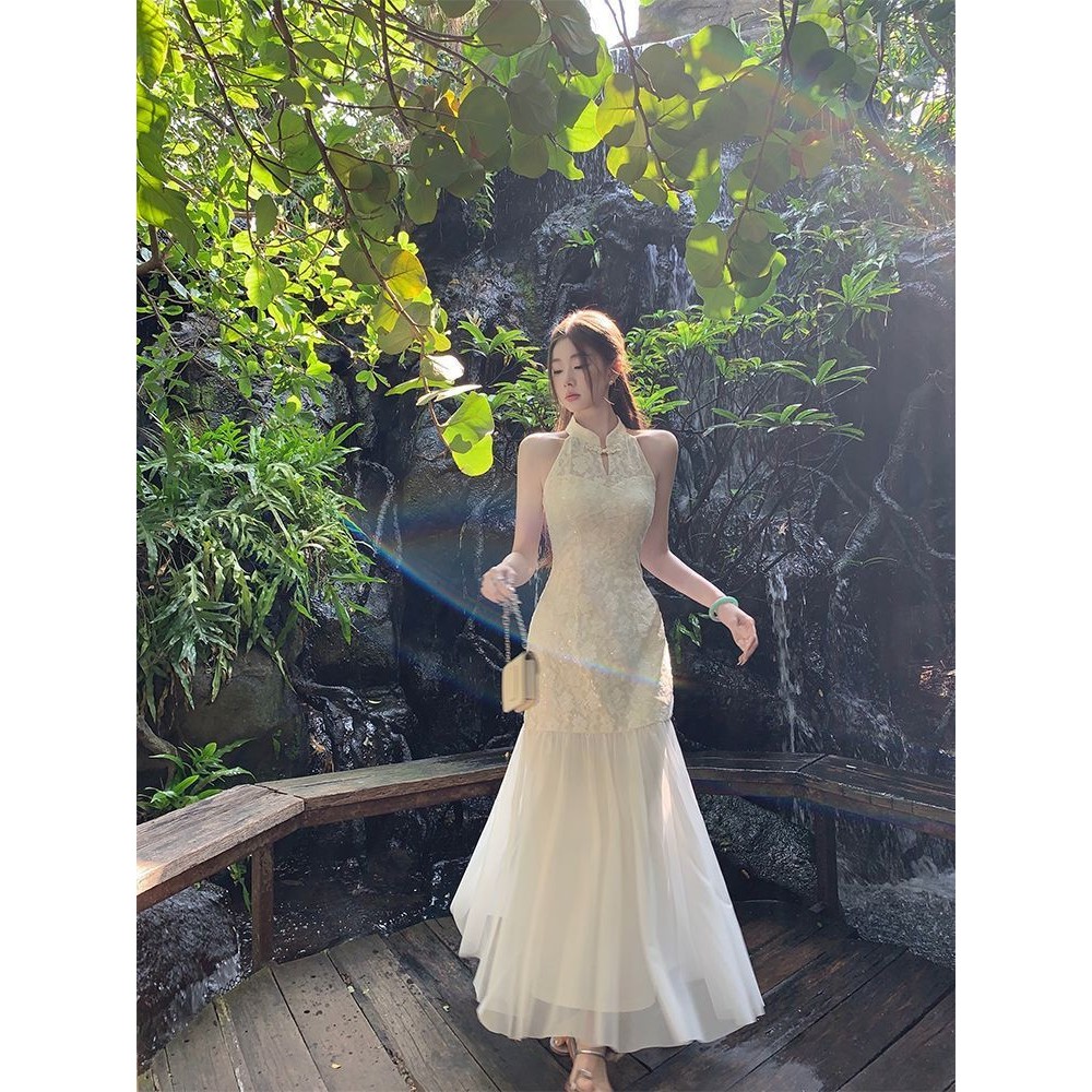 Jacquard High-End Cheongsam Halter Neck Dress Two-Piece Set