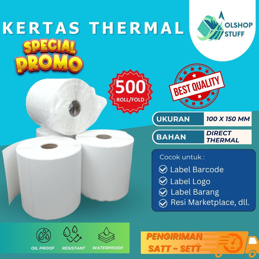 

KERTAS THERMAL LABEL STICKER 100X150 ISI 500 UK A6 RESI BARCODE AST