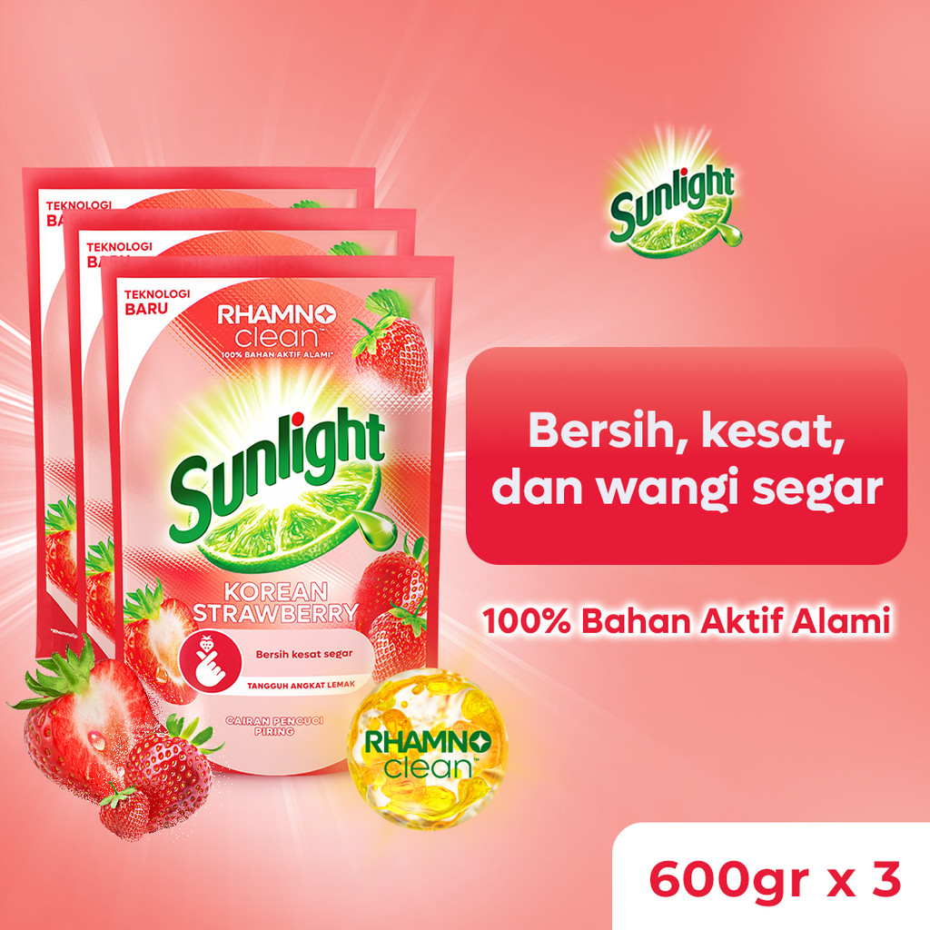 Sunlight Sabun Cuci Piring Cair Refill Extra Korean Strawberry 600gr x3