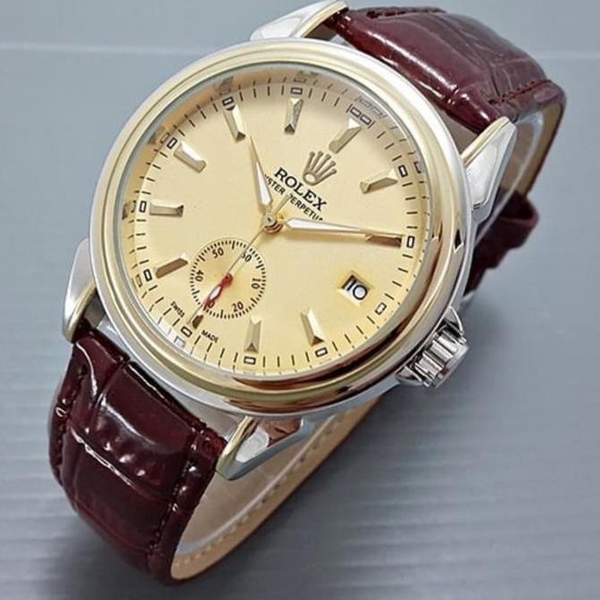 Tersedia Jam Tangan Rolex Skeleton Automatic kulit Second bawah-Kombi Gold