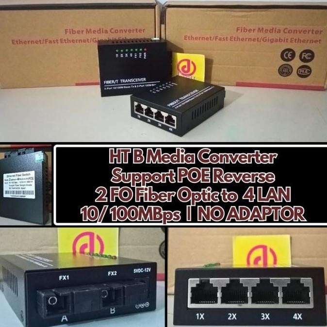Htb Media Converter 2 Fo Sc Fiber Optic Port To 4 Ethernet Switch Lan New Stok