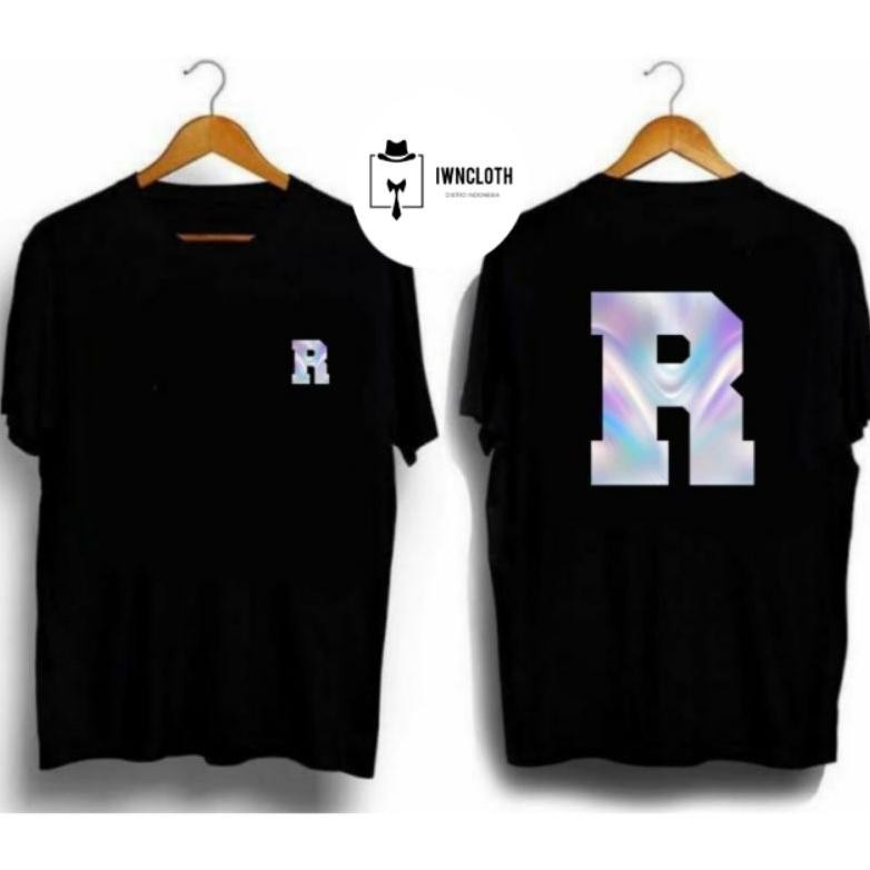 Promo Inisial Nama Huruf R Sablon Hologram T-Shirt Kaos Distro Pria Wanita
