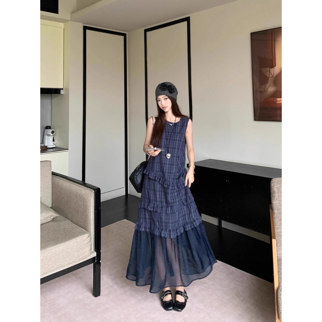 Dress Rompi Wanita Motif Kotak-kotak/A Rok Garis/Rok Panjang