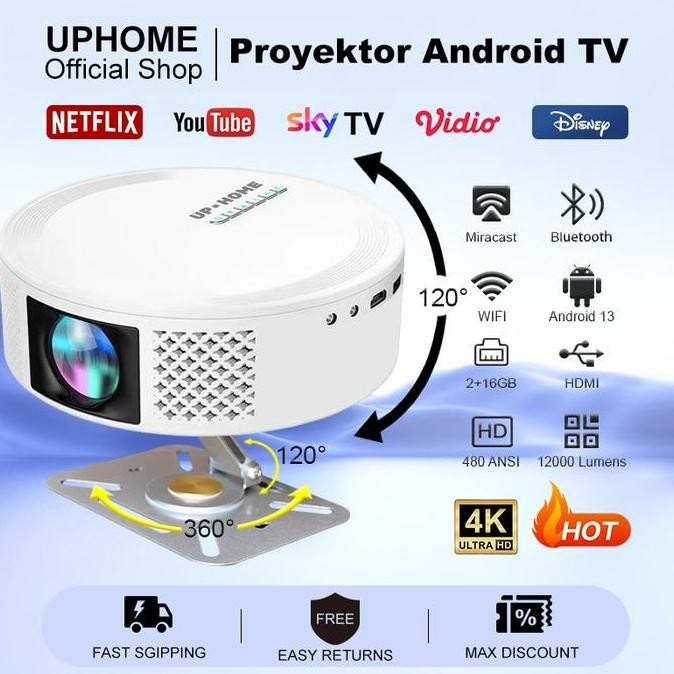 UPHOME T269 Pro Proyektor Android TV 1080P-4K HDMI WiFi dual-band 480 Ansl 12000 Lumens Smart Projec