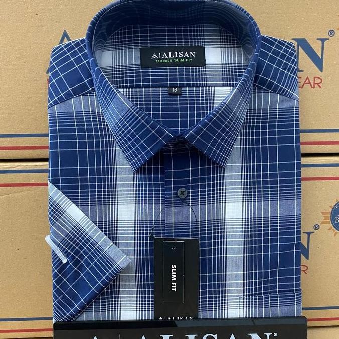 baru Kemeja Alisan Lengan Pendek Slimfit Motif Garis Kombinasi Kotak Pria murah