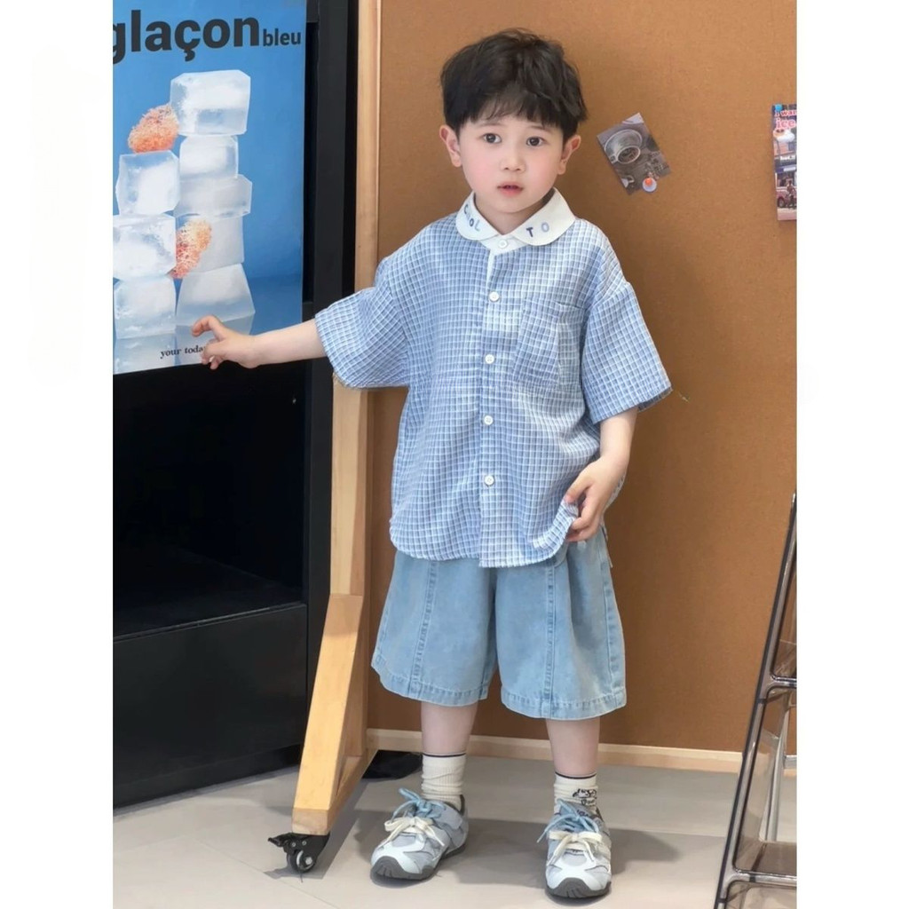 Sky Bubbles Setelan Anak Laki-Laki Pakaian Anak-Anak Kemeja Kotak-Kotak Bergaya Tirai Grafiti Serbag