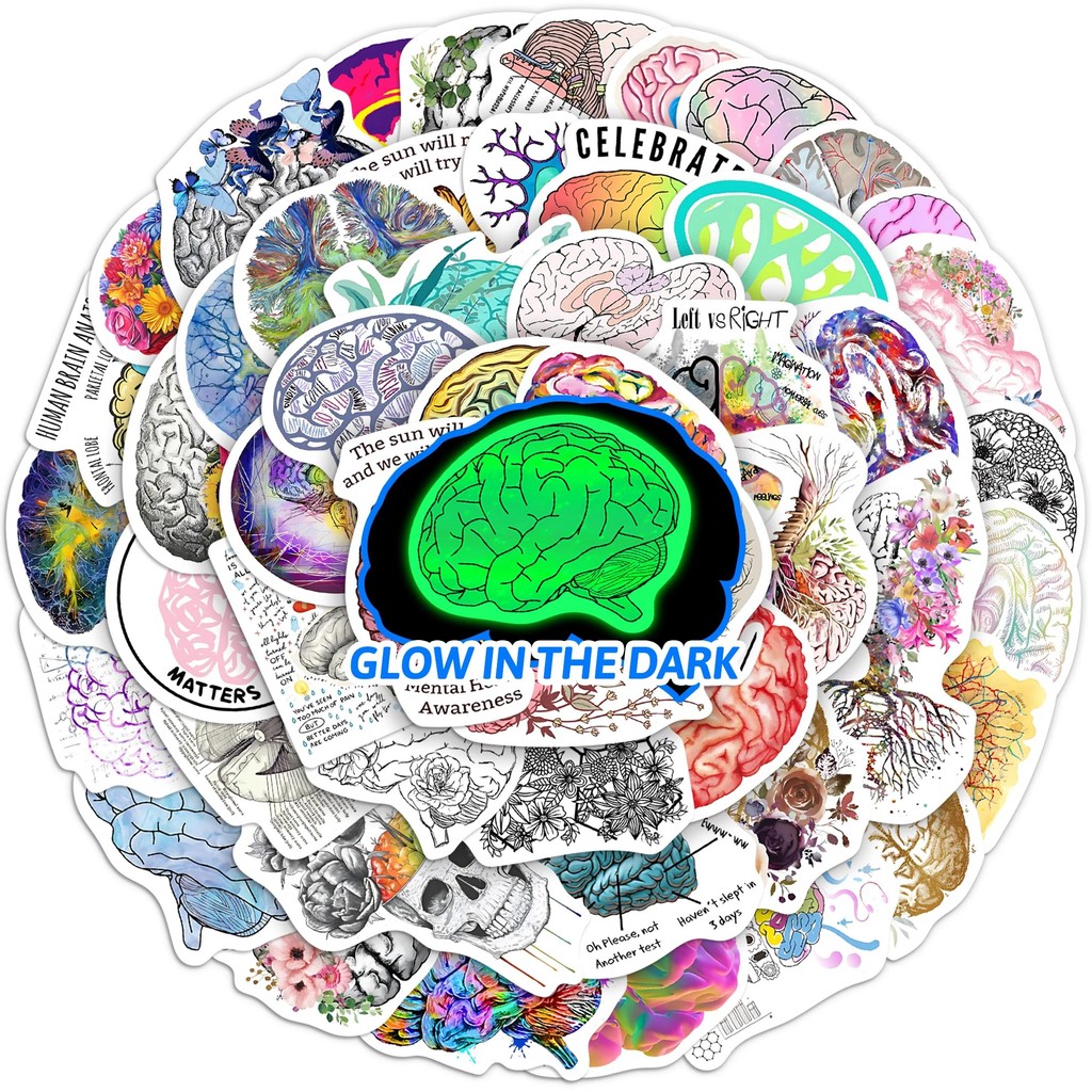 

51Pcs Creative Colorful Brain Glow in The Dark Stickers Vinyl Waterproof Laptop Decals Luggage Helmet Phone Skateboard Decor