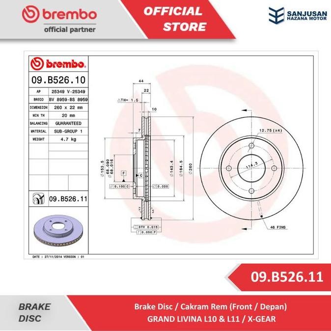 Brake Disc BREMBO Nissan Grand Livina - 09.B526.11 (Front)