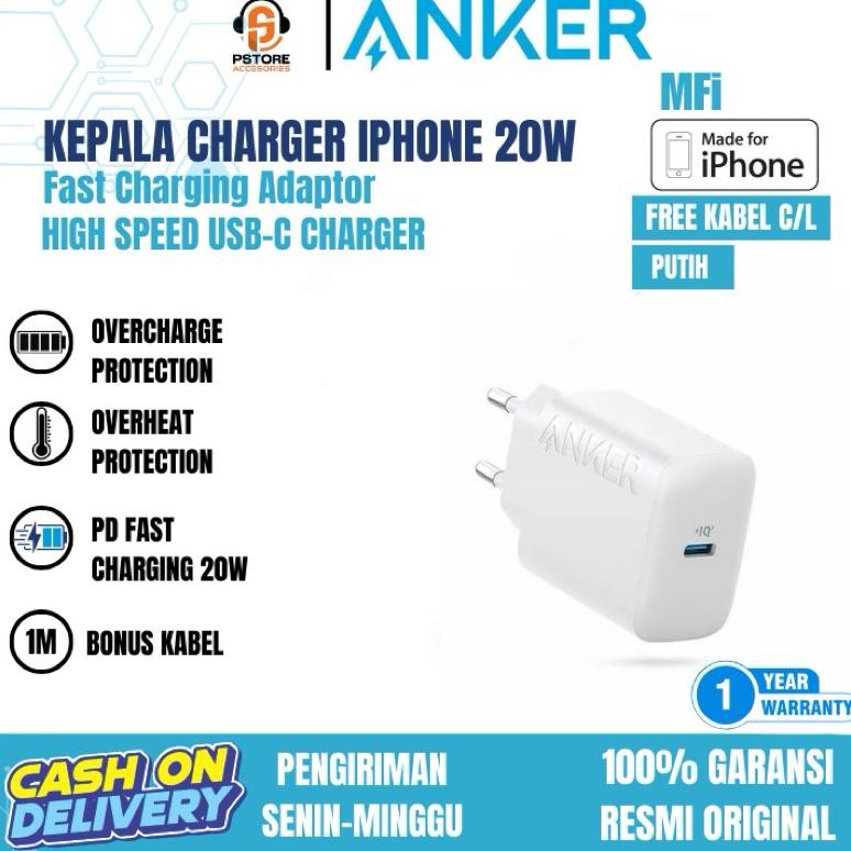 termurah anker usb charger mfi certified 20w + kabel iphone original fast charging