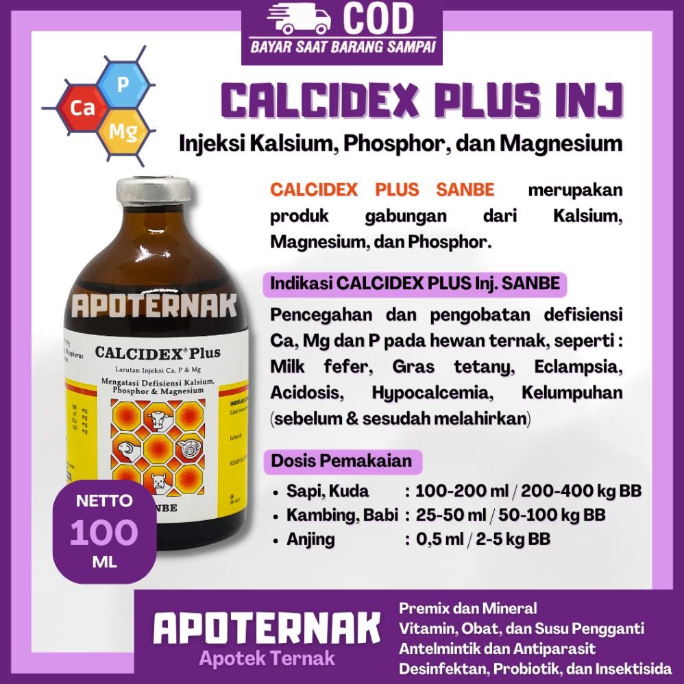 CALCIDEX PLUS Injeksi 100 ml - Obat Lumpuh Kurang Kalsium Fosfor Magnesium Pada Ternak Sapi Kambing 
