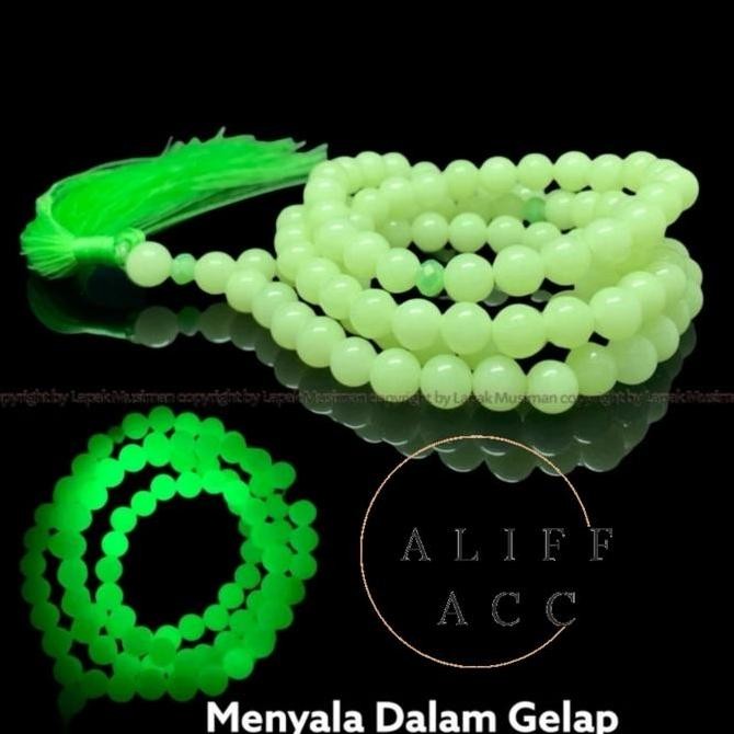 TASBIH BATU POSPOR 99 BUTIR SIZE 8 MM 10 MM MENYALA DALAM GELAP ASLI