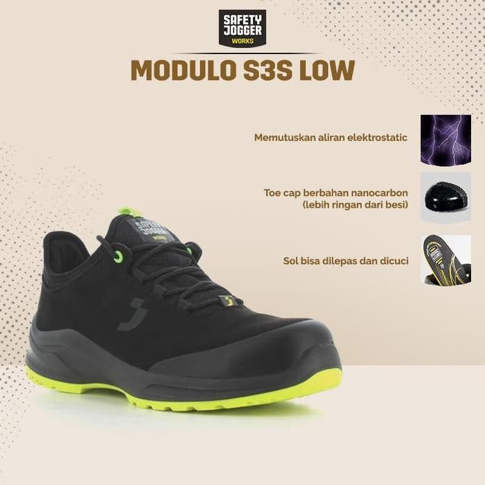 

Terlaris Safety Jogger Works Modulo S3S Low Black Sepatu Safety Shoes Kerja Pria Proyek Sporty Nano Carbon Toecap Metal Free Anti Paku Esd Hitam