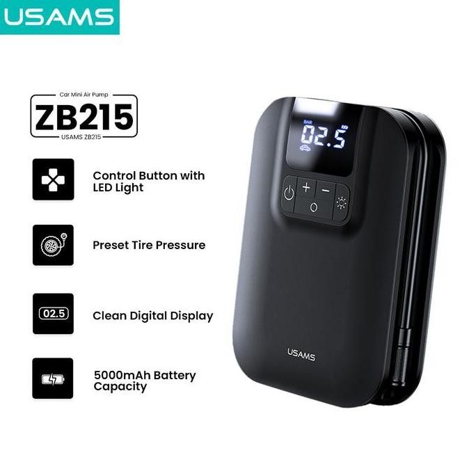 Usams Zb215 Mini Car Air Pump Portable 5000Mah Pompa Angin Ban Mobil