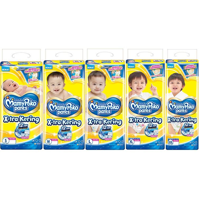MAMYPOKO XTRA KERING DIAPERS PANTS PACK SAP POPOK CELANA BAYI BABY NBS44 S38 M32 L28 XL26 XXL24 SOFT
