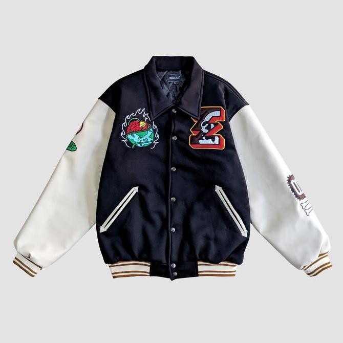 Evilspirit Varsity - Varsity Alexi Black Unisex Leather Pria Jaket Fleece Hitam Baseball Sweater Cas