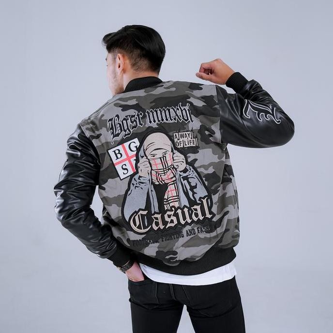 Jaket Varsity Army Pria Wanita Jacket Vintage Windbreaker Baseball Bordir Tebal Lengan Kulit Premium