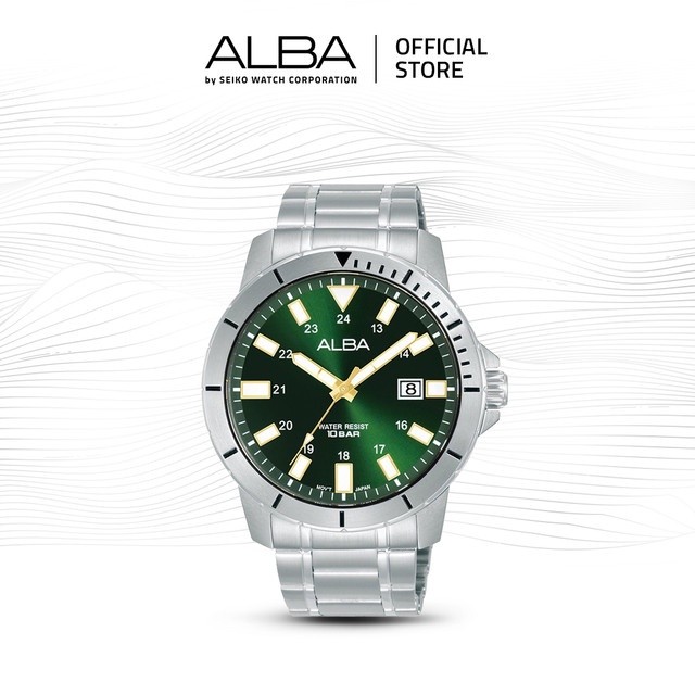 Alba Active Jam Tangan Pria AS9R95 / AS9R95X1 Quartz Green Dial Stainless Steel Strap Watch