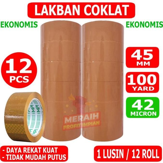 

1 Lusin / 12 Pcs - Lakban Coklat Ekonomis 100 Yard - Lakban Mpi 45 Mm X 100 Yard Co