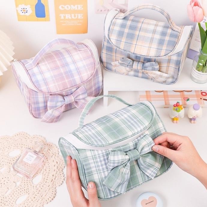 Pouch Alat Tulis Sleting/ Tas Makeup Pita Plaid Korea Aesthetic