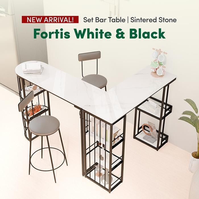 Starlead Set Meja Bar Minimalis Sintered Stone Fortis White - Bar Dining Table Meja  Dapur Mini Ting