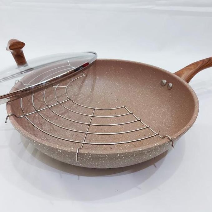Segera Miliki  Wajan Wok Pan Anti Lengket Marble Aluminium Wok Viera 28 Cm Tutup Kaca
