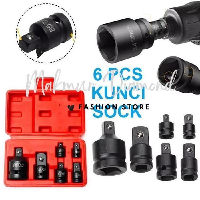 PALING MURAH. KUNCI SOCK RACHET 6 PCS CONVERTER ADAPTOR MATA SOK STANG L IMPACT SET 1/4 3/8 1/2 3/4 