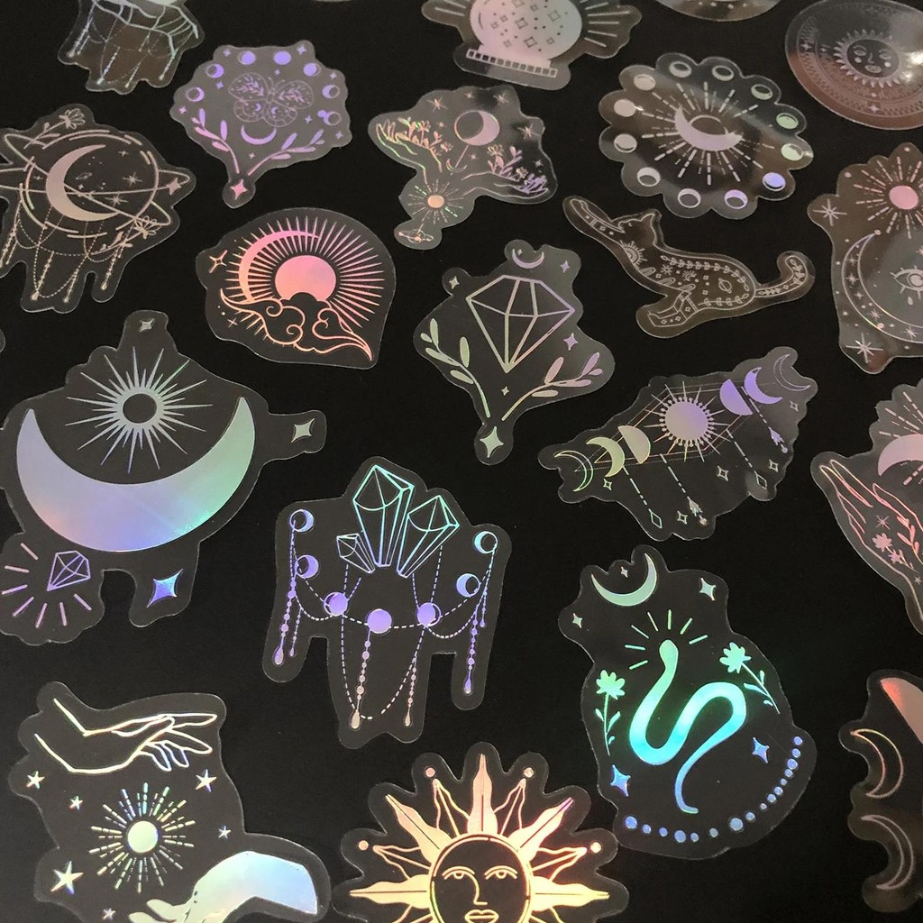 

100 pcs Laser Silver Stickers Waterproof Transparent PET Adhesive Sticker Label, The Bohemian Style: Moon, SUN, Diamond, Feather
