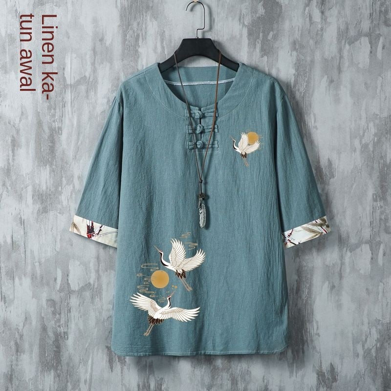 Kemeja Pria Linen Cetak Tipis Gajah Setelan Tang Katun Linen