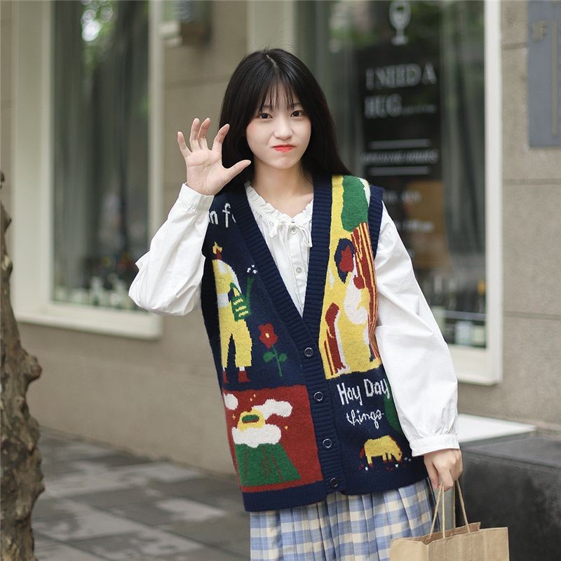 Rompi Rajut untuk Wanita Fit Longgar Gaya Mori Sweater Cardigan Retro Serbaguna