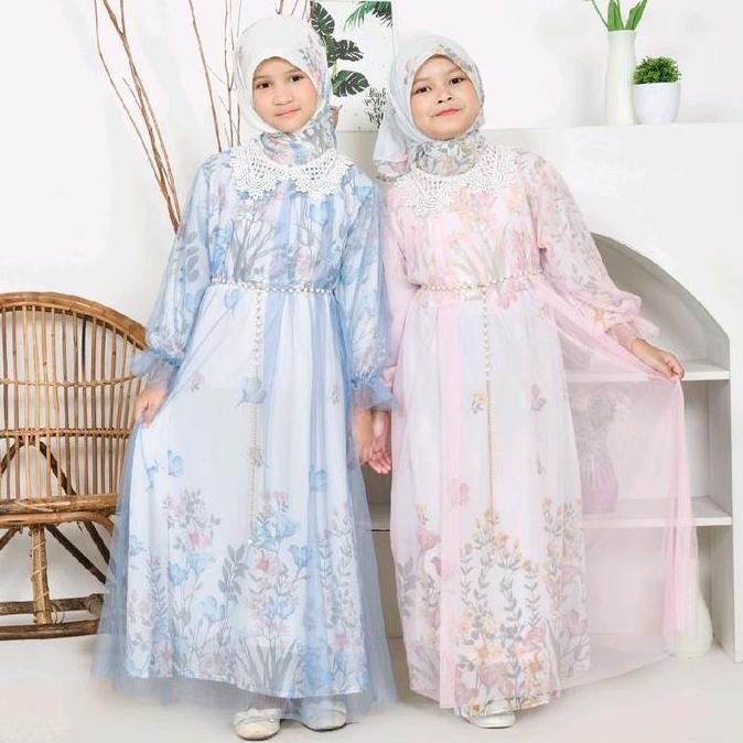 SinarbaruKids Gamis Anak Perempuan Vanessa Ceruty Babydoll Outer Tile Free Belt + Jilbab Segi Empat 