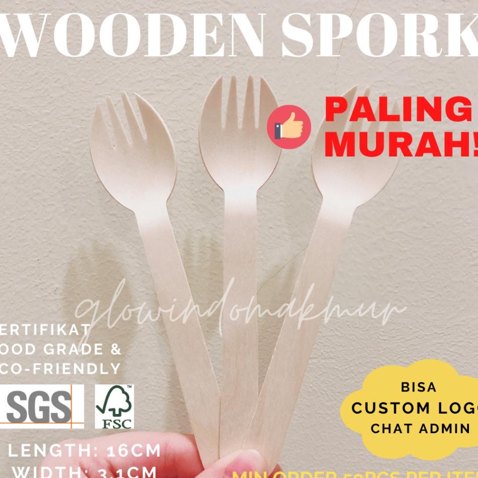 100Pcs Gase Kayu Spork Sendok Makan Kayu Gau Makan Kayu Wooden Spoon Wooden Fork Wooden Spork